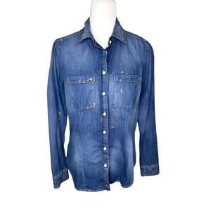 Guess Womens Long Sleeve Button Up Denim Western Shirt Gold Glitter Detail